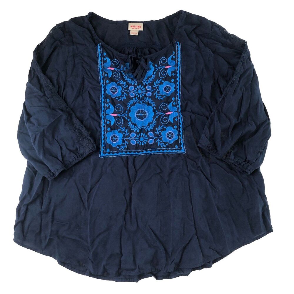 Massimo Supply Co Women’s  Blue Embroidered Sleeve Lace Detail Tunic Size XXL
